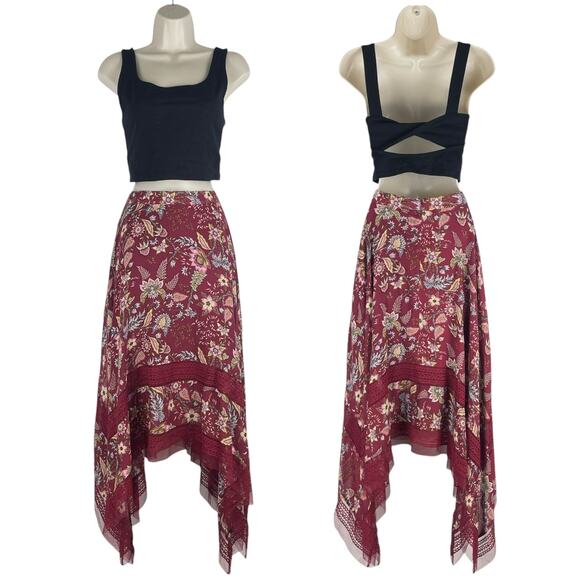 BCBGMaxAzria Floral Print Toile Handkerchief Midi Skirt Red Size XS - Picture 3 of 11